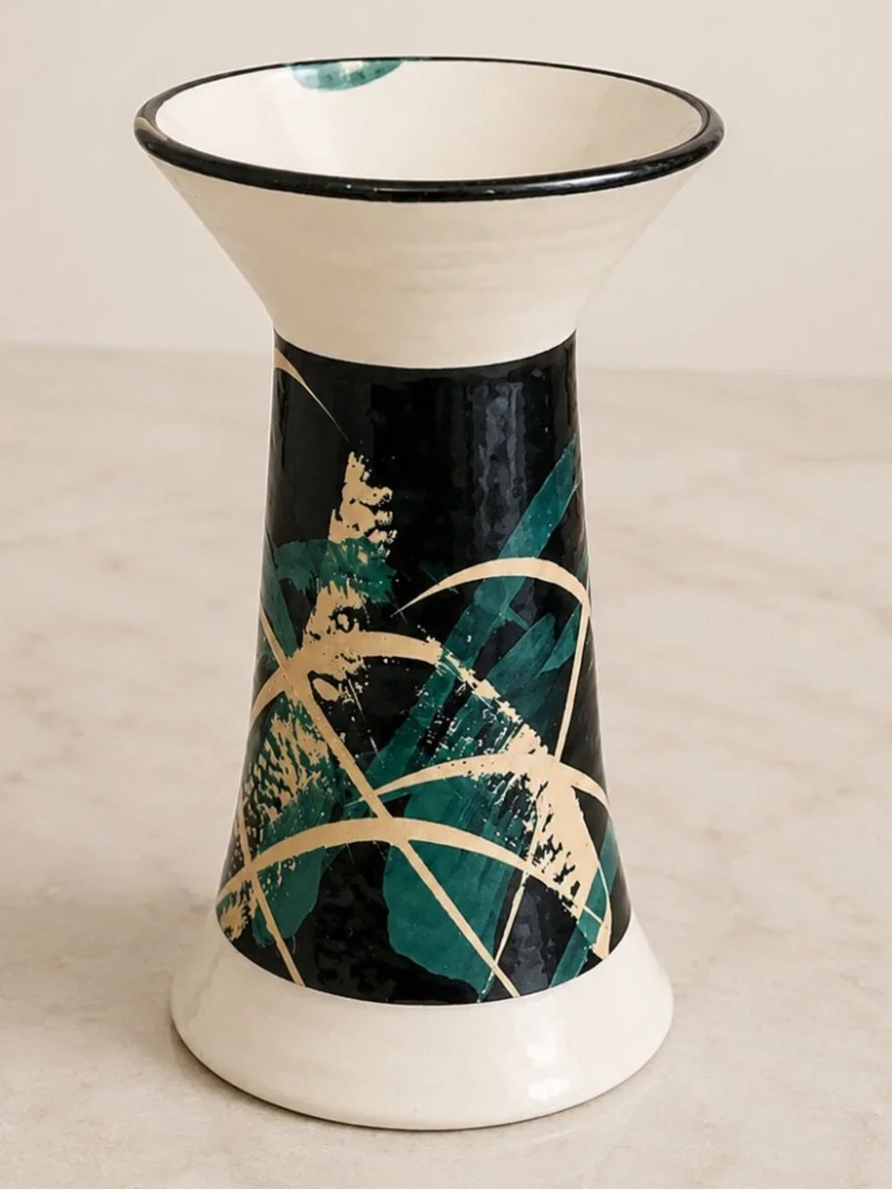 Signed Studio Art Pottery Vase Abstract Teal Black Cream Hand Thrown Ceramic 8